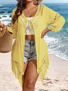 SHEIN VCAY Plus Size Women's Solid Color Simple Daily Kimono With Tassel Decoration Summer
