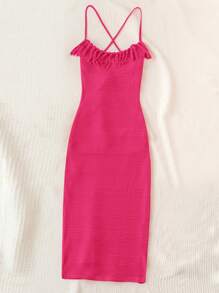 Soleia 女款熱帶度假沙灘橙色流蘇細肩帶無背十字紋連體裙，適用於夏季 - 玫紅色 - 查看 4