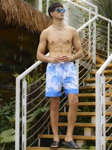 Surfspeed Men's Palm Tree Printed Drawstring Waist Loose Beach Shorts For Vacation - Baby Blue - View 4