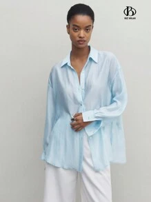 BizChic Áo Sơ Mi Nữ Dài Tay Màu Xanh Có Cổ, Áo Sơ Mi Chống Nắng Sheer - Màu xanh lam - Xem 5