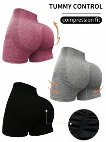 SHEIN Sport Studio 3pcs Solid Color High Waisted Seamless Tummy Control Athletic ShortsWomen Sweat Short, Gym Short, Biker Short