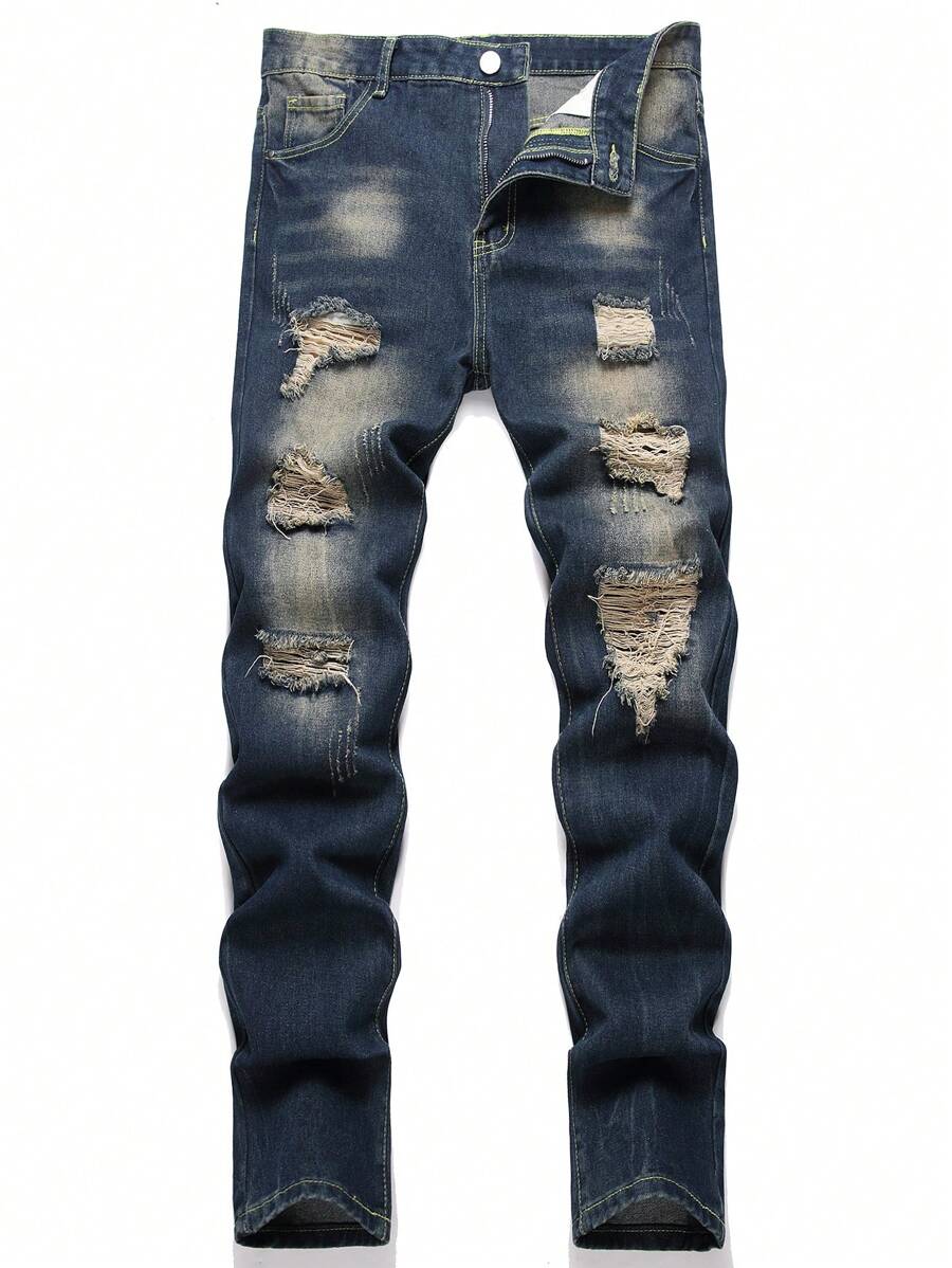 Men's Casual Distressed Denim Jeans, Minimalist & Fashion - Blue - View 1