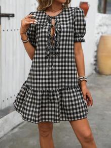 SHEIN LUNE 女士格紋印花泡泡袖連肩褶邊連帶圓領裙，夏季款 - 彩色 - 查看 6