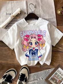 SHEIN Leap Crew 少女們的休閒印花短袖T恤，適合夏天穿著 - 白色 - 查看 1