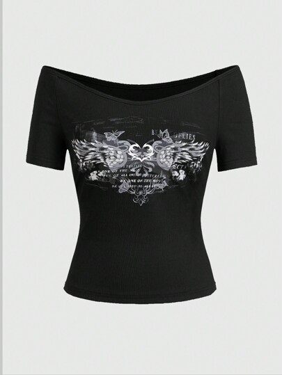 Grunge Punk Camiseta casual de verano para mujer de talla grande de manga corta con eslogan e impresión de alas, con hombros descubiertos