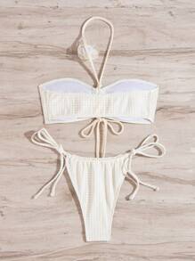 Women's Summer Beach Solid-Colored Bikini Swimwear Set With Texture, Sexy - White - View 3