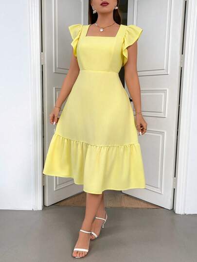SHEIN Privé Plus Size Summer Elegant Holiday Casual Loose-Fitting Wide-Legged Yellow Jumpsuit With Ruffled Hemline And Tied Straps, Perfect For Shopping, Dating, And Party