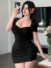 DAZY Đầm dự tiệc tay ngắn cạp cao eo cho nữ mùa hè, Đầm dự tiệc Milkmaid cho nữ, Đầm dự tiệc mini, Đầm dạ hội - màu đen - Xem 3