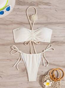Women's Summer Beach Solid-Colored Bikini Swimwear Set With Texture, Sexy - White - View 4