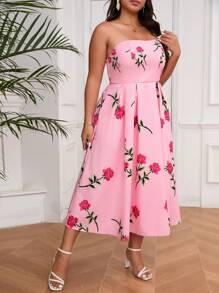 SHEIN Privé Plus Size Summer Elegant A-Line Rose Printed Sundress With Pockets, Suitable For Dating, Vacation, Afternoon Tea And Outdoor Activities, Pink