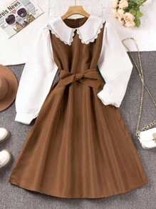 SHEIN Tween Girls' Dual-Layer 2 In 1 Color-Blocked Lace Collar Dress - Brown - View 1