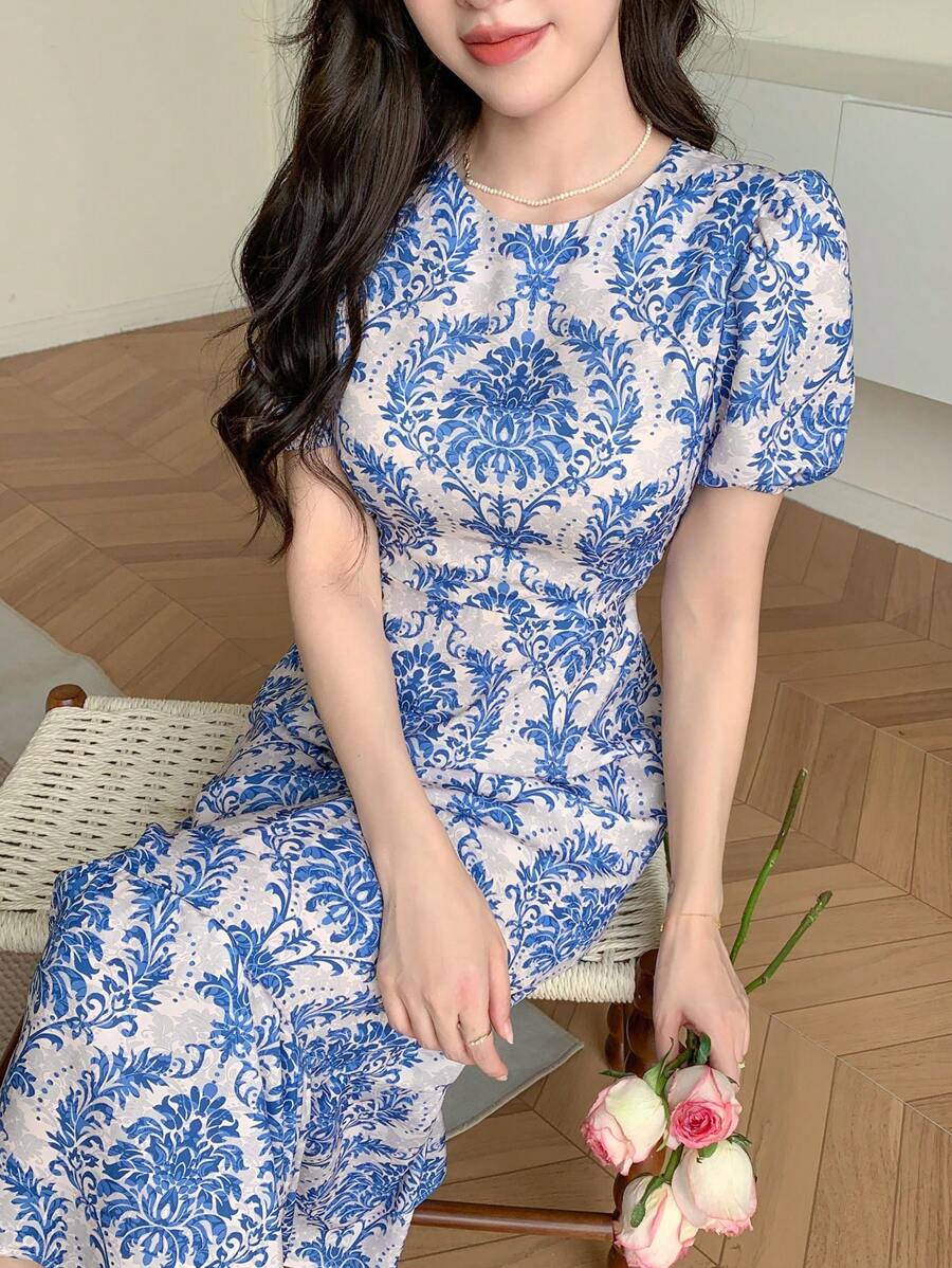 DAZY 女士圆领印花夏季短袖连衣裙吊带裙度假装扮复活节 - 淺藍色 - 查看 1