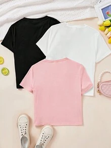 SHEIN Leap Crew ModeFlare Wear 夏季短袖圆领上衣，适合少女，多种卡通、字母和熊图案，有趣的白色、粉色和黑色 T 恤，适合夏季 - 彩色 - 查看 2