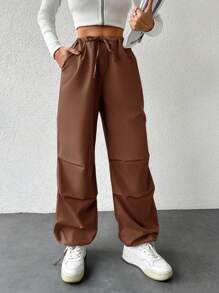 EURMUSE Drawstring Waist Slant Pocket Parachute Pants - Brown - View 5