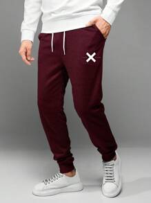 RueChic Men's Drawstring Waist Letter Print Sweatpants - Burgundy - View 1