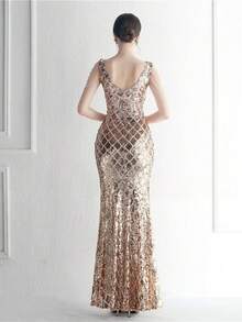 Top de escote en V con flecos de cuentas y hombros descubiertos de lentejuelas divididas - Dorado - Ver 2