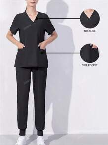 Blusa de uniforme de pijama médico de cuello en V liso, con dos bolsillos y mangas cortas