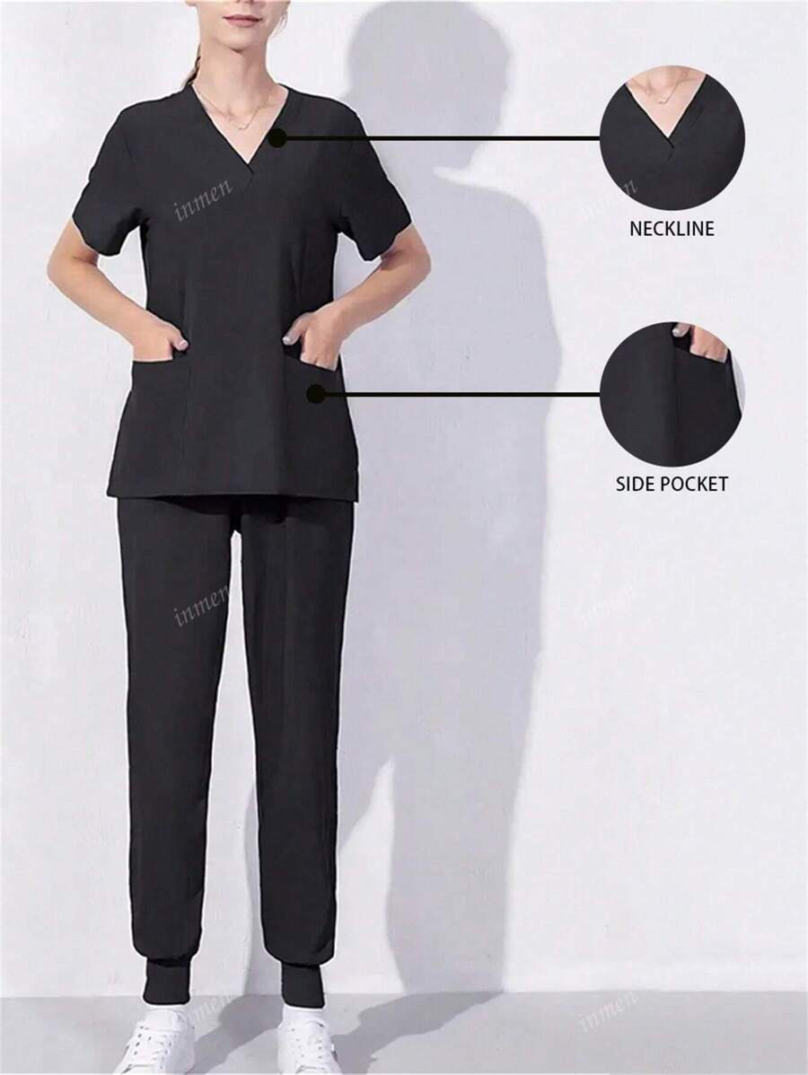 Blusa de uniforme de pijama médico de cuello en V liso, con dos bolsillos y mangas cortas