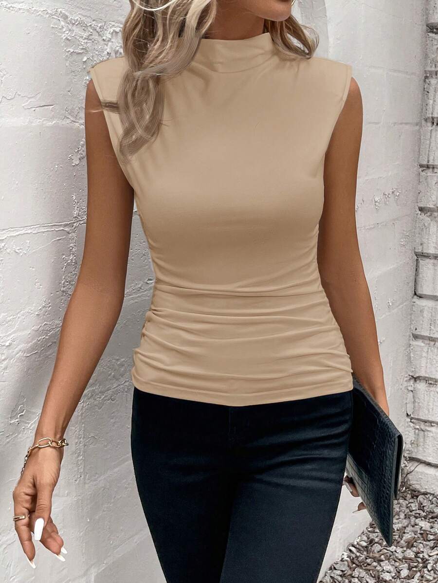 SHEIN Clasi 女士純色無袖簡約夏季休閒背心上衣 - 駝色 - 查看 1