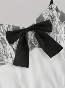 SHEIN MOD Váy lưới đen trắng thắt nơ ren chắp vá, váy trắng cho nữ, váy sơ mi đen trắng, trang phục hòa nhạc cho nữ, trang phục lễ hội Rave, váy dạ hội, váy cưới cho nữ, trang phục độc thân - Đen và trắng - Xem 3