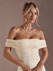 SHEIN BAE Nữ Trở Lại Trường Quần Áo Màu Trơn Phối Ren Lệch Vai Thanh Lịch Ngày Dự Tiệc Hở Lưng Bodycon Đầm - Màu be - Xem 4
