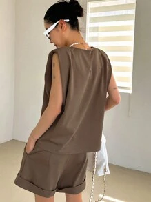 DAZY Bộ đồ nữ gồm áo không tay cổ tròn màu trơn và quần short, trang phục thường ngày mùa hè, bộ hai mảnh mặc nhà cho nữ. - màu nâu - Xem 2