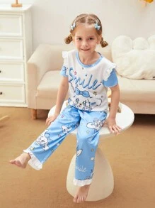 Ensemble décontracté 3 pièces pour jeune fille imprimé lapin bleu et blanc avec pantalon long, short et haut de détente