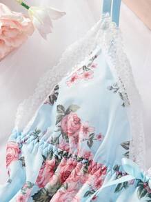 Women's Bowknot Decorated Floral Print Sexy Camisole Pajama Night Dress Bow Tie