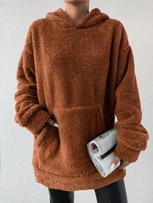 SHEIN Cottnline Kangaroo Pocket Drop Shoulder Fuzzy Hoodie - Ginger - View 3