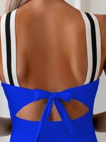 SHEIN Swim 夏季女士撞色时尚度假连体泳衣 - 寶藍色 - 查看 5