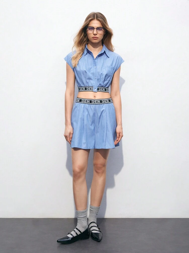SHEIN Maija Women's Summer Casual Blue Striped Letter Elastic Cropped Shirt And Shorts Set