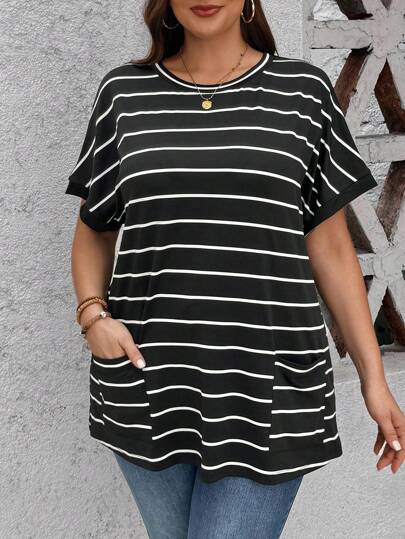SHEIN LUNE Black & White Striped Loose Plus Size T-Shirt With Practical Pockets, Short Sleeve, For Summer