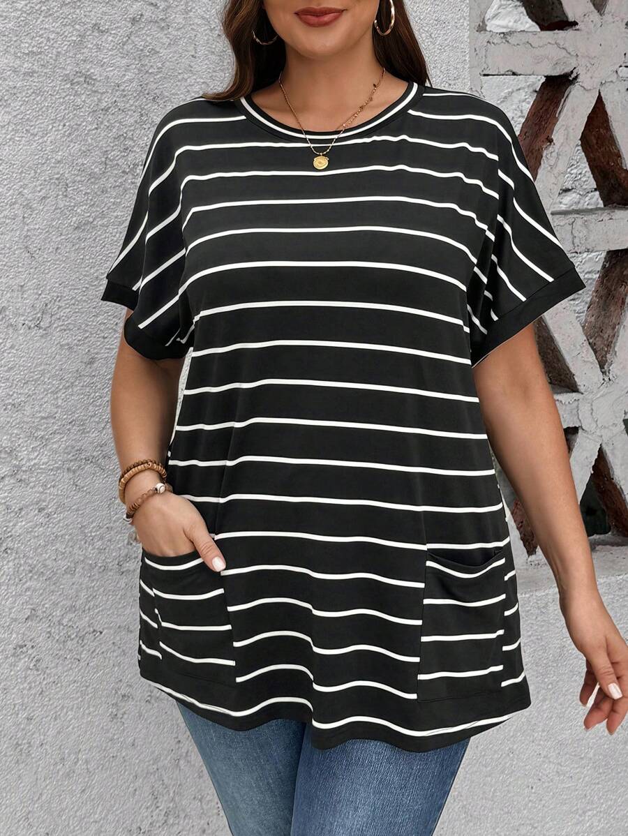 SHEIN LUNE Black & White Striped Loose Plus Size T-Shirt With Practical Pockets, Short Sleeve, For Summer - Black and White - View 1
