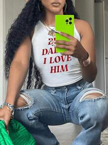 SHEIN Camiseta sin mangas de cuello redondo con estampado de letra para uso casual de verano en tallas grandes, PERO PAPI YO LO AMO Gráfico de camisetas para mujer