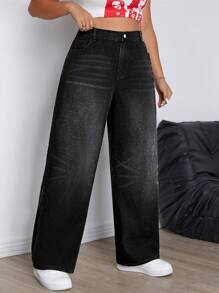 SHEIN EZwear Jeans de novio rectos informales con botones y bolsillos, de unicolor, para tallas grandes