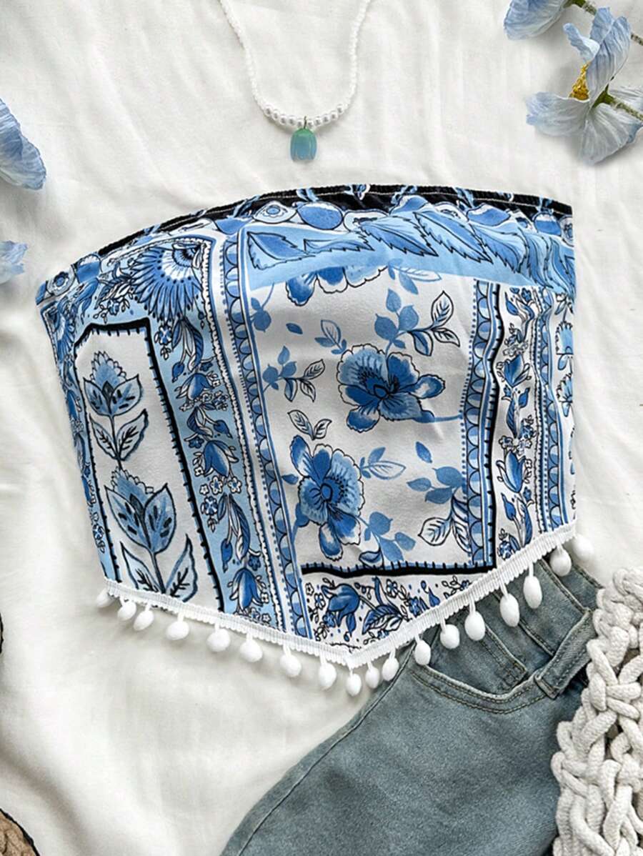 SHEIN Dreamara Blue And White Checkered Bandeau Top With Cinched Waist, Backless, For Women's Casual And Romantic Beach Vacations