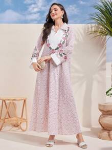 Al Najma 印花休闲日常长袖阿拉伯朴素连衣裙 - 粉色 - 查看 6