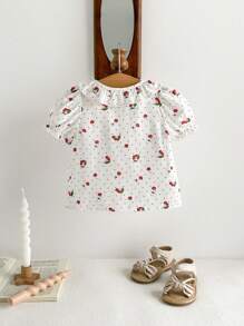 Cozy Pixies Baby Girl Floral Pattern Peter Pan Collar Short Sleeve Cardigan With Ruffle Trim
