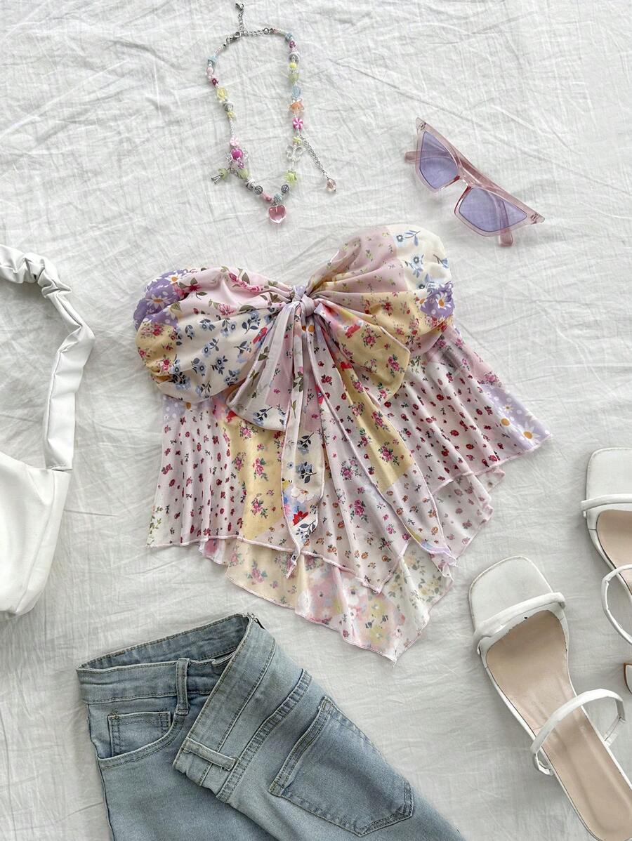 Soleia Ladies' Summer Fashion Asymmetrical Hem Bandeau Top With Ditsy Floral Print Patchwork And Tie-Detail