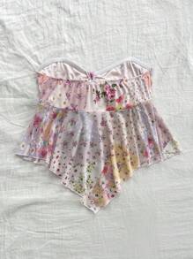 Soleia Ladies' Summer Fashion Asymmetrical Hem Bandeau Top With Ditsy Floral Print Patchwork And Tie-Detail