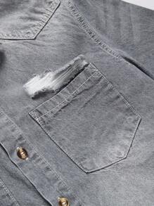 Manfinity Homme Men Cotton Ripped Frayed Dual Pocket Button Up Grey Denim Shirt Without Tee, Going Out Going Out Hang Out Commute Vacation Street