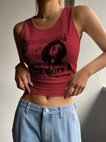 DAZY 圆领口号印花女士夏季休闲背心充满爱与幸福 - 紅色 - 查看 5