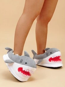 趣味鲨鱼图案拖鞋，保暖舒适，软底，静音防滑，女士家居拖鞋，秋冬季 - 灰色 - 查看 2