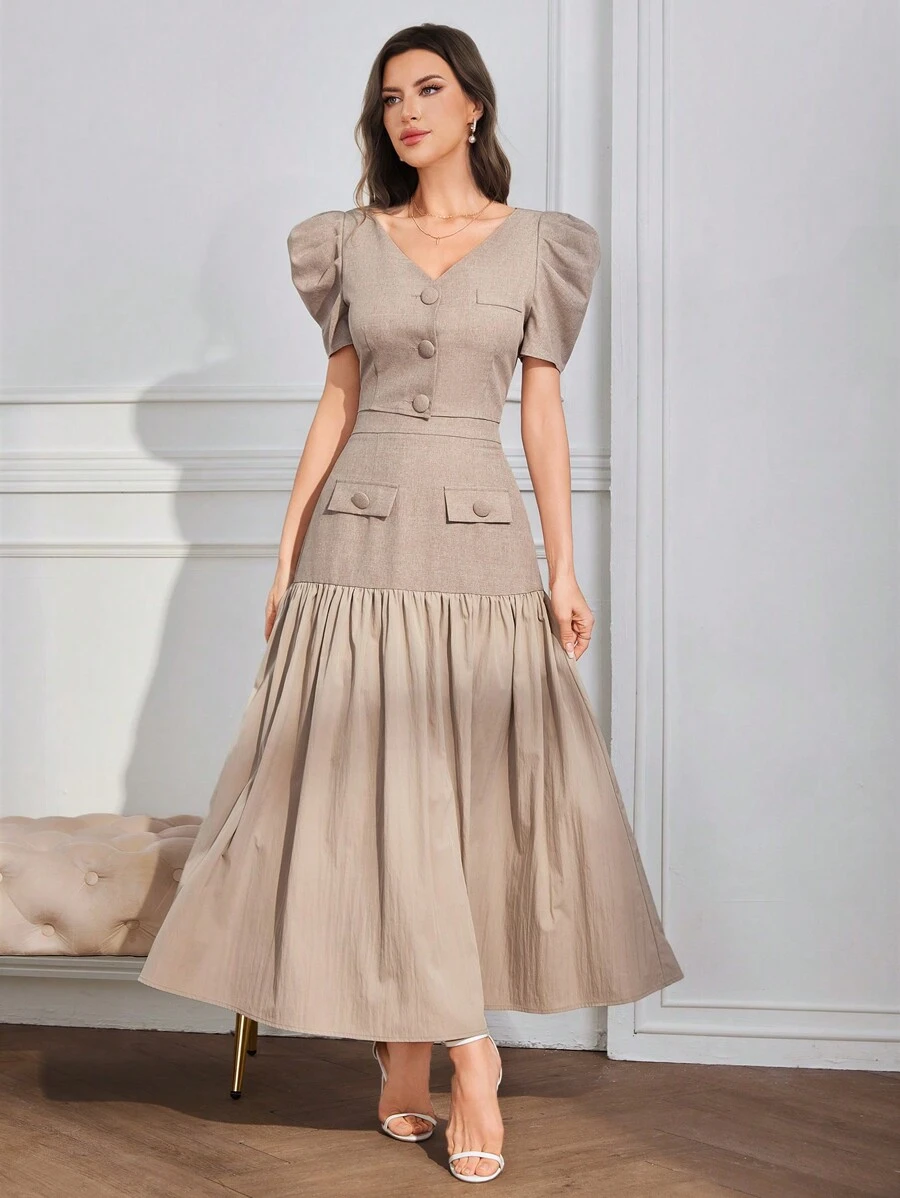 Seusyu Ensemble deux pièces femme, Top chemise à manches bouffantes d'été élégant et jupe longue blocs de couleurs - Kaki - Voir 1