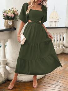 Rafferiza Ladies' Plain And Simple Short Sleeve Summer Casual Dress Maxi Women Outfit - Army Green - View 4