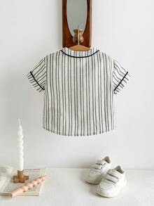 Cozy Pixies Baby Boy Colorful Striped Patchwork Collared Button-Up Short Sleeve Shirt With Letter Print