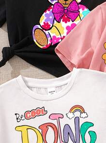 SHEIN Leap Crew ModeFlare Wear 夏季短袖圆领上衣，适合少女，多种卡通、字母和熊图案，有趣的白色、粉色和黑色 T 恤，适合夏季 - 彩色 - 查看 3