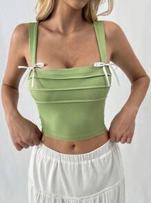 Flirla Tank Top Pendek Wanita Musim Panas dengan Hiasan Pita - Hijau - View 3