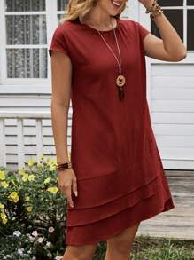 EMERY ROSE Women's Summer Multi-Hem Round Neck Short Sleeve Dress - Burgundy - View 3