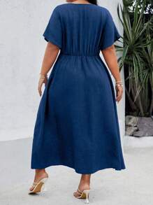 EMERY ROSE Plus Size Solid Color Gathered Waist Long Batwing Sleeve Holiday Casual Dress Maxi Women Outfit - Navy Blue - View 2